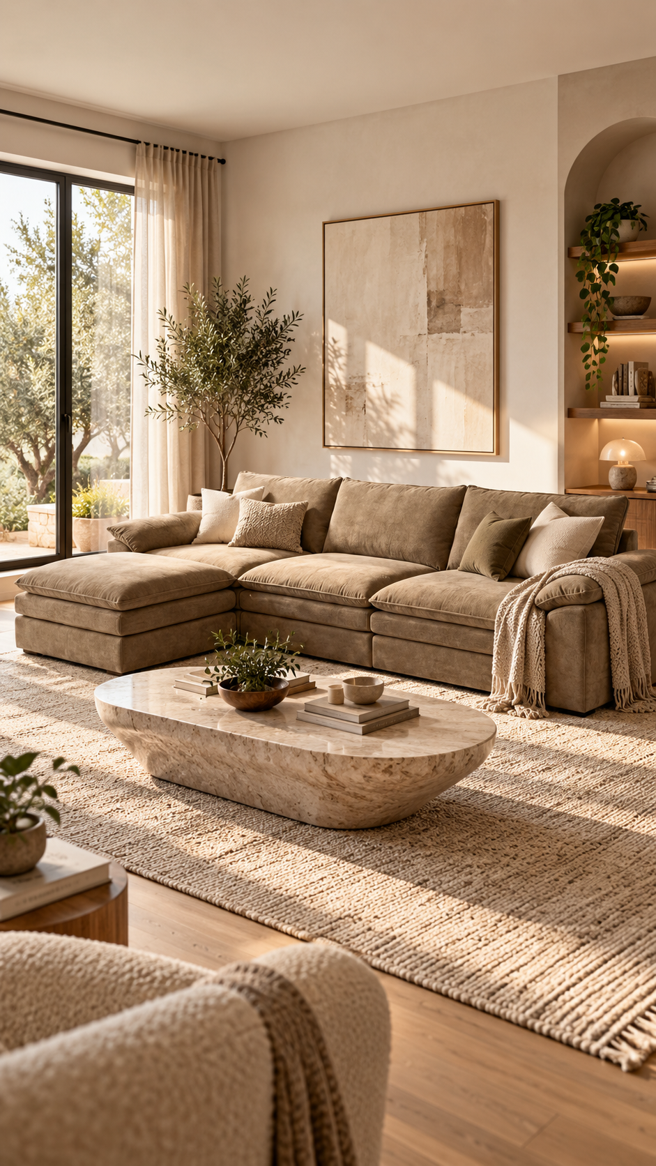 VELA – canapé modulable taupe, vue d’ambiance