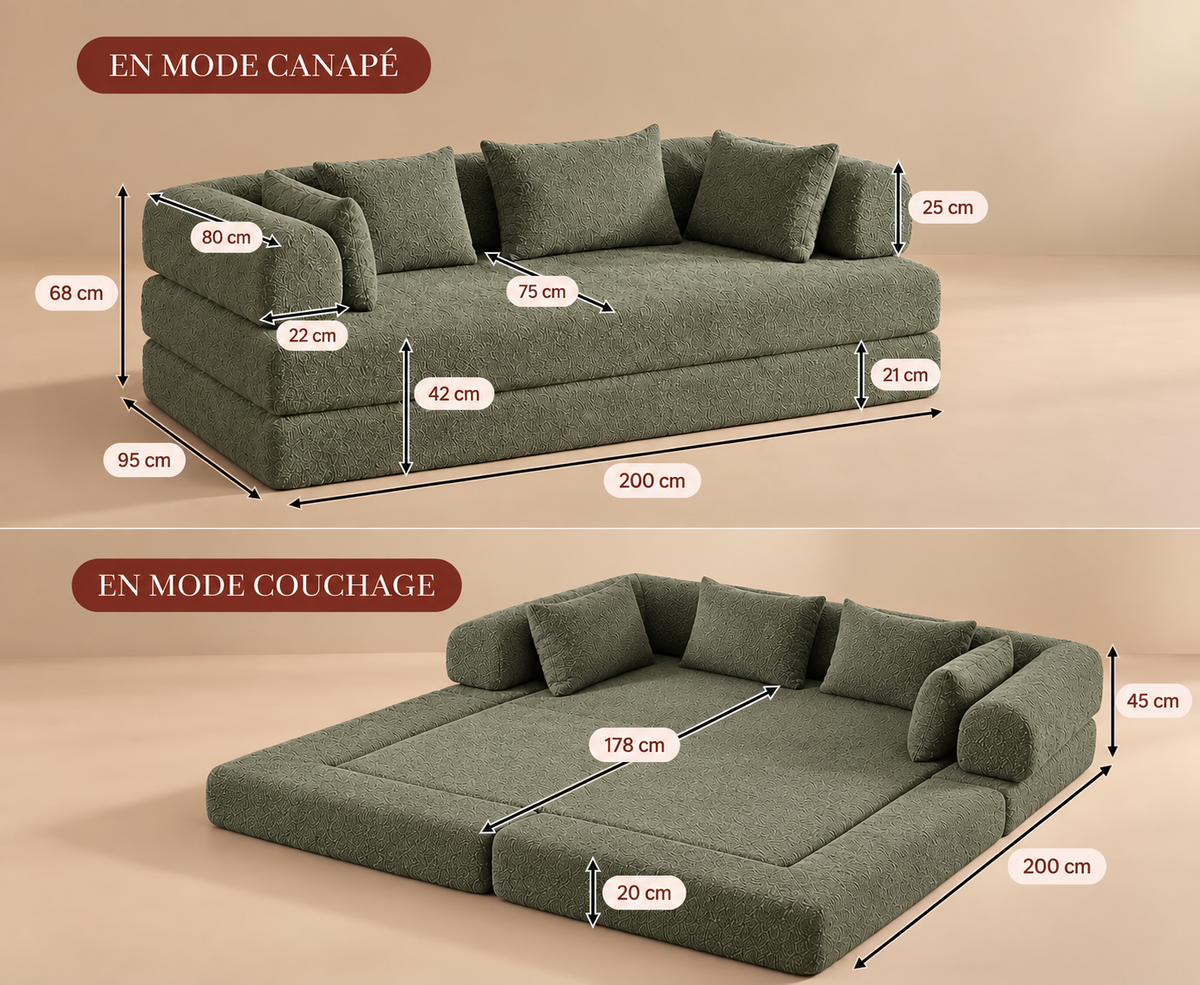 MILO – dimensions en mode canapé et en mode couchage