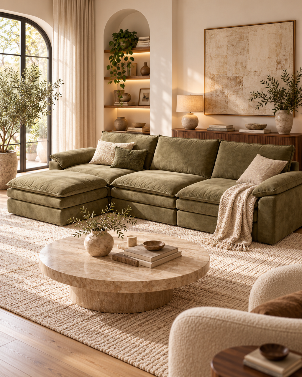 VELA – canapé modulable vert avec pouf, vue d’ambiance