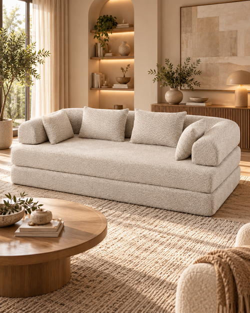 MILO – canapé convertible beige, vue d’ambiance