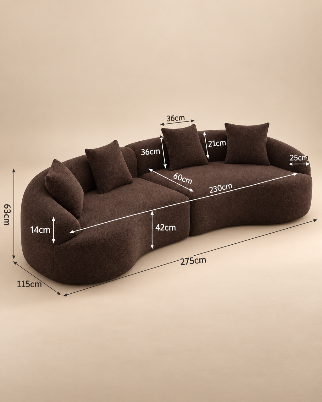MIRA – dimensions du canapé incurvé (275 × 115 × 63 cm)