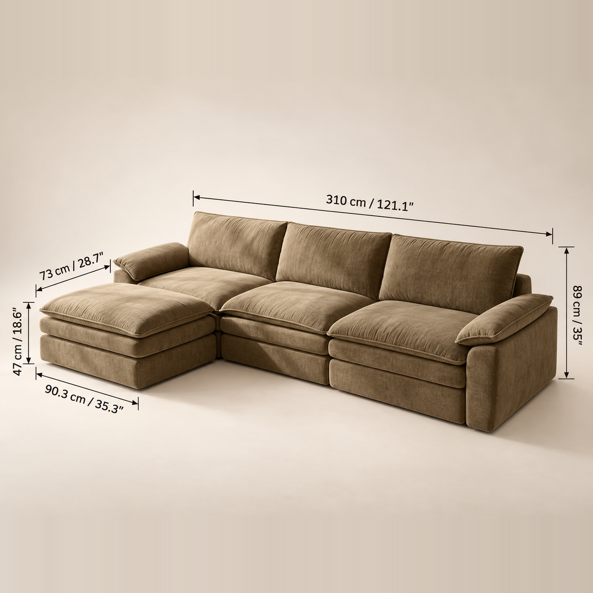 VELA – dimensions du canapé modulable (310 × 89 cm, pouf 90,3 × 73 cm)